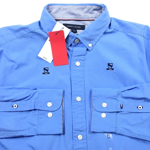 Tommy Hilfiger Blue Dress Shirt Button TH Logo A55 - Picture 2 of 5